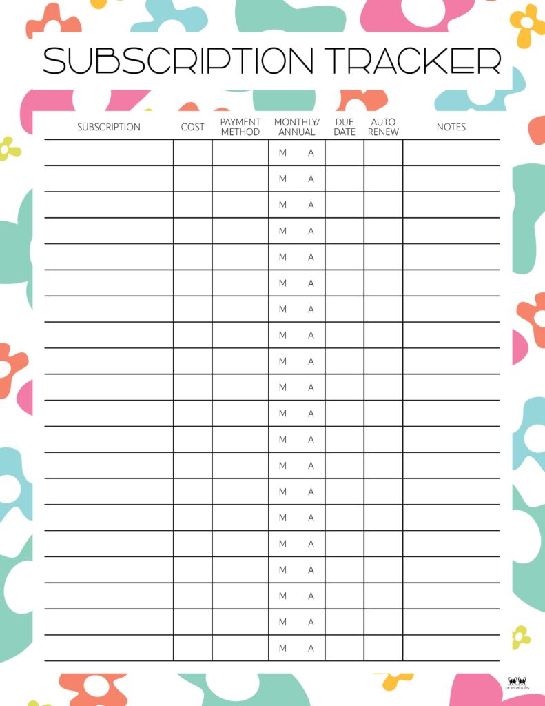 subscription trackers - 12 free printables | printabulls